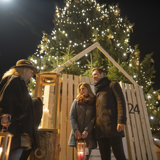 Pärchen steht vor großem beleuchteten Christbaum am Weihnachtsmarkt am Feldbacher Hauptplatz
